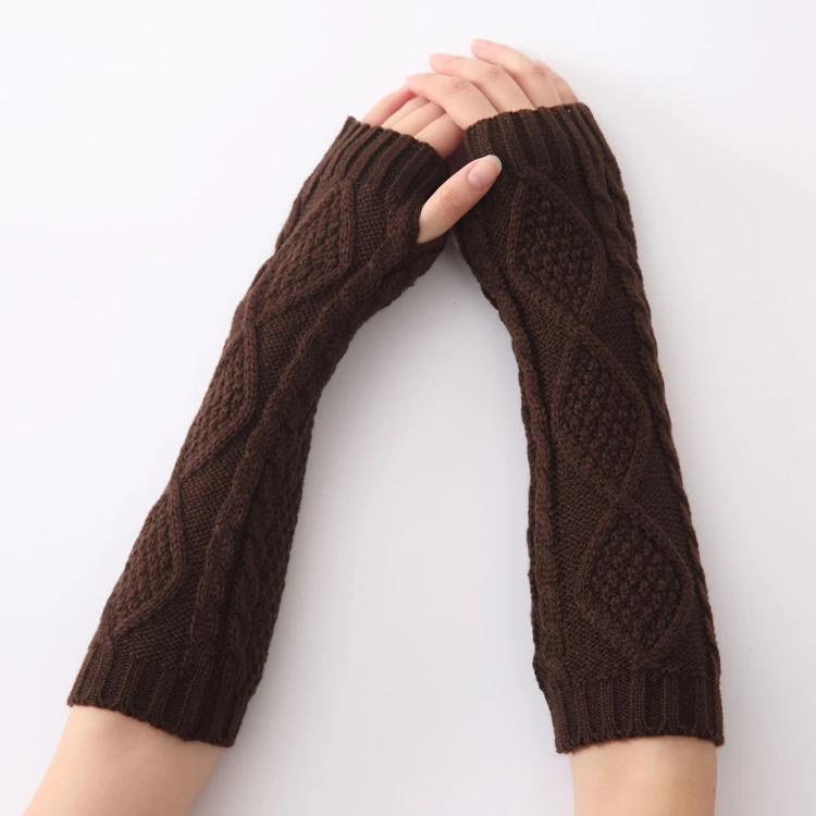 Women Stretchy Rhombus Cable Pattern Long Arm Sleeve Fingerless Gloves Knitted Winter Glove Mittens