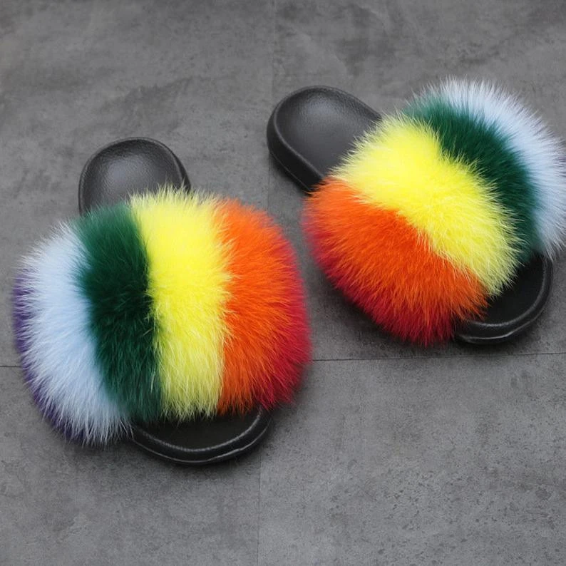 Women Summer Rainbow Fur Slipper Faux Indoor House Open Toe Sandalias Mujer Sapato Feminino Slippers
