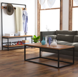 Wooded desktop metal frame leg rectangular coffee table for living room furniture