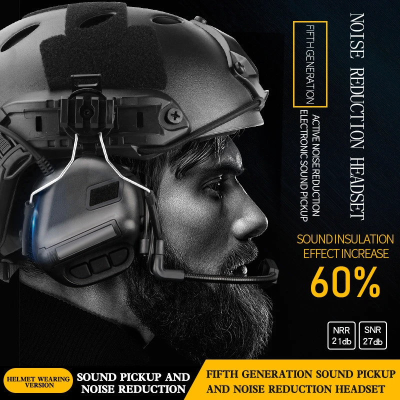 WoSporT Helmet Wearing Tactical Headphone Sound Pickup Noise Reduction Headset for Walkie Talkie Shooting Hunting Airsoft Game