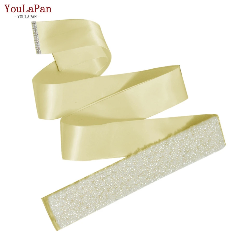YouLaPan S20 Fashion Pearl Beaded Applique Trim Bridal Satin Belts for Wedding Dress
