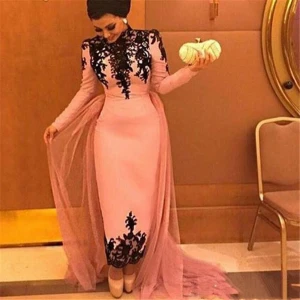 Vintage High Neck Ankle Length Sheath Evening Dresses with Long Sleeves black Lace Appliques Prom Dresses Formal gowns Vestidos Longo