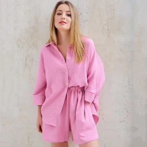Casual Sleepwear Cotton Pajamas For Women Suit Turn-Down Collar Nine Quarter Sleeve Sleep Tops Shorts