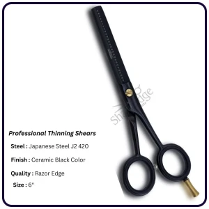 Ceramic Black 6" Hair Thinning Scissors – Shears | 30 Tooth Classic Handle Hairdressing Shears Single Blade, Razor Edge