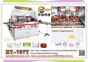 HY-767T: One Color Automatic Sevro Screen Printing Machine Flat Round Bottle Printing
