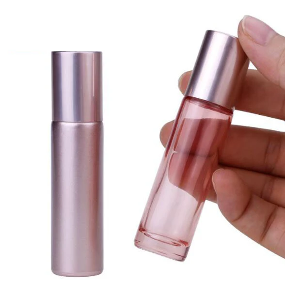 10ml eye Essential oil use cream  rose gold lid and metal stainless roll balls pink glass roller bottle