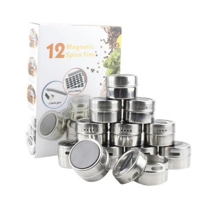 12 Pieces Kitchen Stainless Steel Magnetic Spice Rack With 120 Spice Labels Clear Top Lid