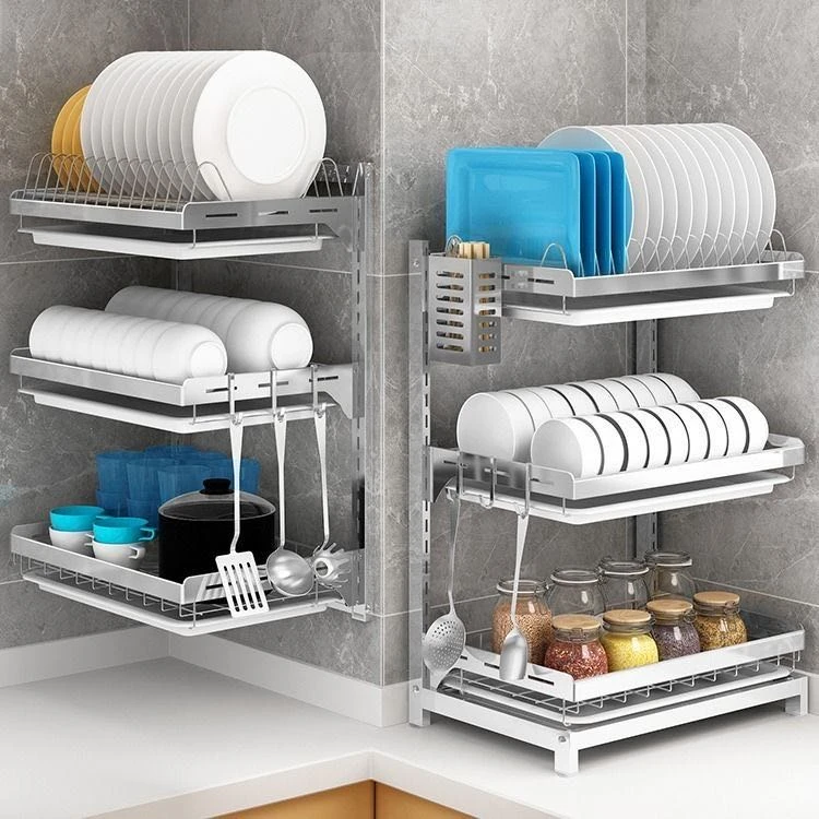 2 /3Tier Kitchen  Dish Rack Stainless Steel Storage Chopsticks Drain Kitchen Organizer Rack Wall Mounted Rack