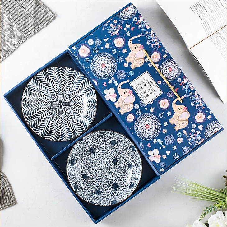 2-piece 8 inch plate Japanese ceramic tableware with gift box High Temperature Unglazed blue and white porcelain set