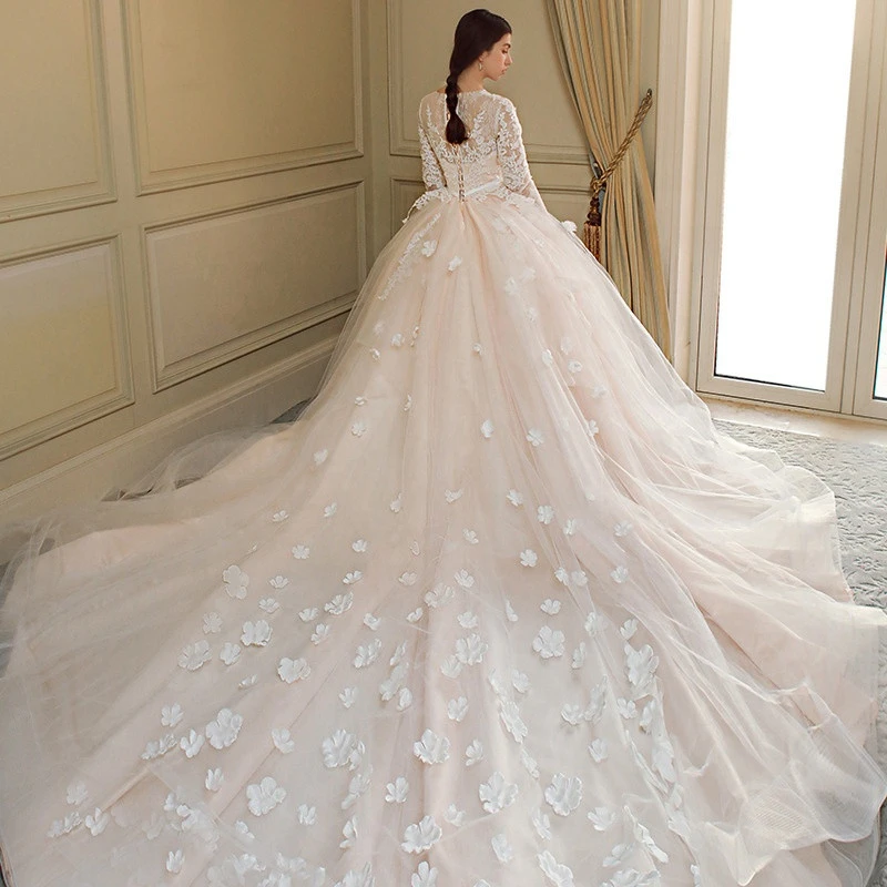 2019 New summer style for women loose long-sleeved round-necked wedding dress