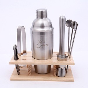 2019 promotion 9pcs metal stainless steel wine cocktail shaker bar tool set for gift