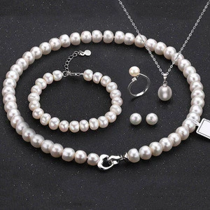 2020 8-9mm real pearl 925 sterling silver women necklace bracelet earring ring pendant fashion jewelry set