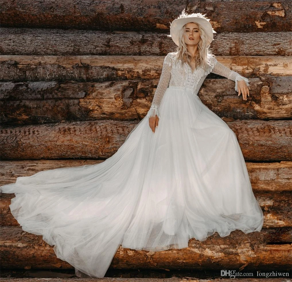 2020 New A Line Bohemian Wedding Dresses Lace Long Sleeves Wedding Gowns Beach Tassels Bridal Dress  Vestidos de novi Wedding