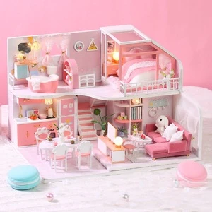2020 New Pink Style DIY Educational Furniture House Toys Wooden Miniature Doll House For Girl