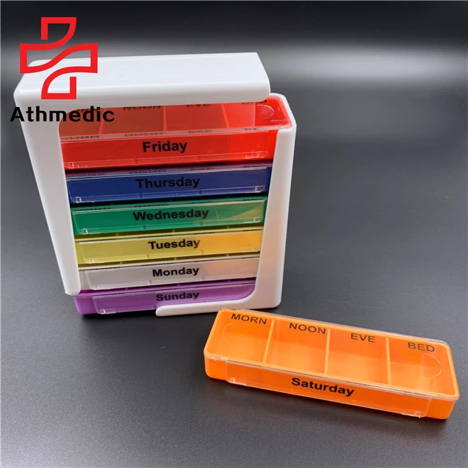 2021 Athmedic food grade 28 case 7 day detachable  colored rainbow drawer weekly pill case box organizer