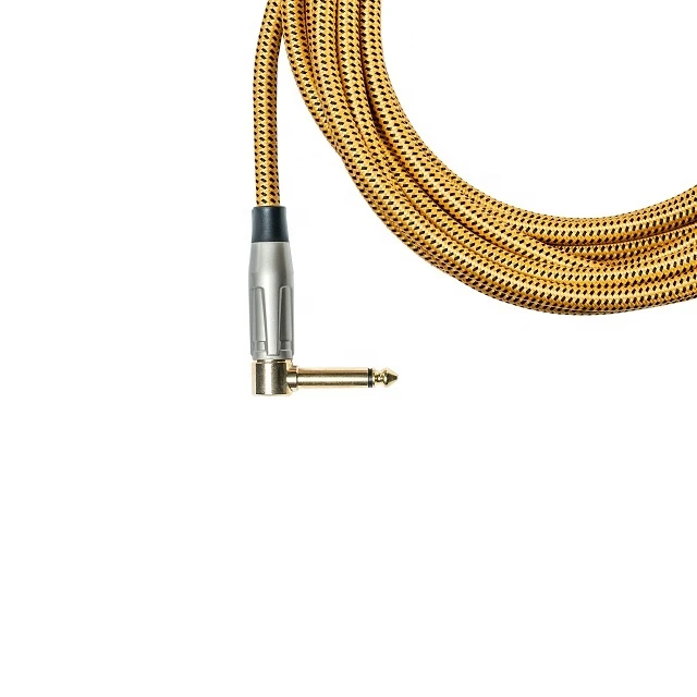 20ft Fabric Covered Instrument guitar cable with 1/4&quot; gold plated straight and right angled metal plug