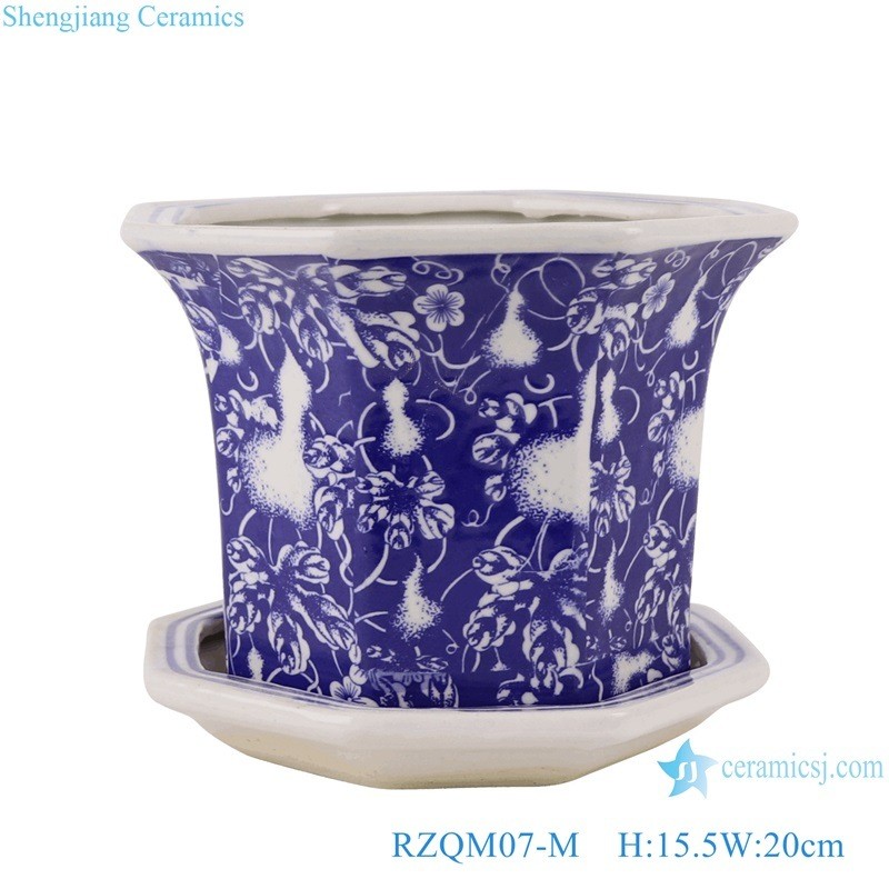 4 Sizes Set Blue Glazed and White Gourd Fruit Flower Pattern Porcelain Ceramic Flower Pot Garden Planter