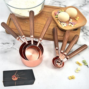 4pcs Kitchen Baking Accessories Wooden Handle Copper plating Stainless Steel Measuring Cups and Spoons Set