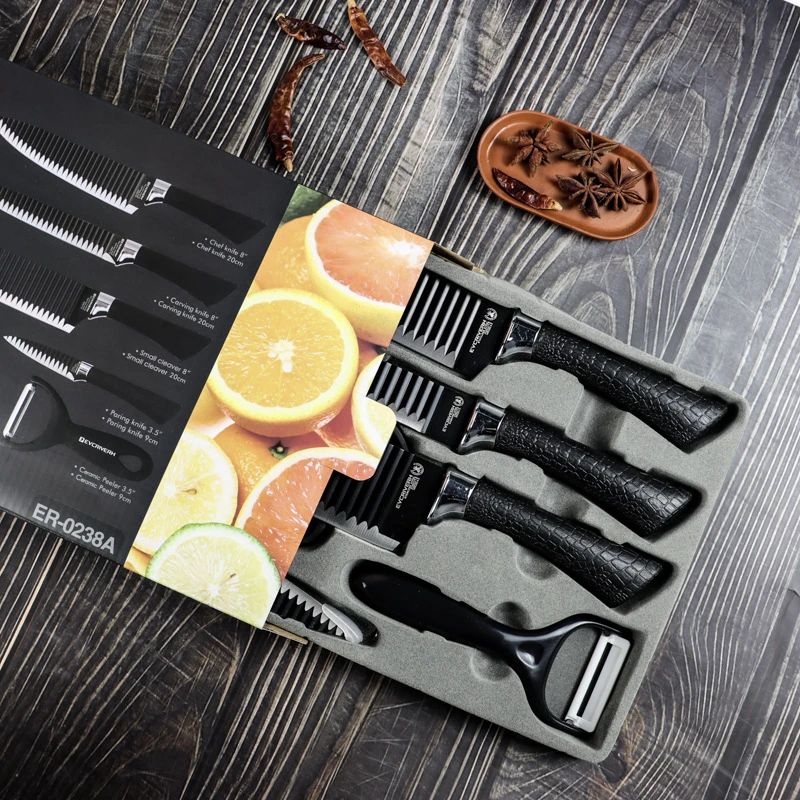 6pcs kitchen knife set raised grain stainless steel black coating blade with non-stick coating and pp handle black knife set