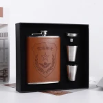 8oz wrapped embossed high quality black brown pu leather metal stainless steel drink hip flask gift set