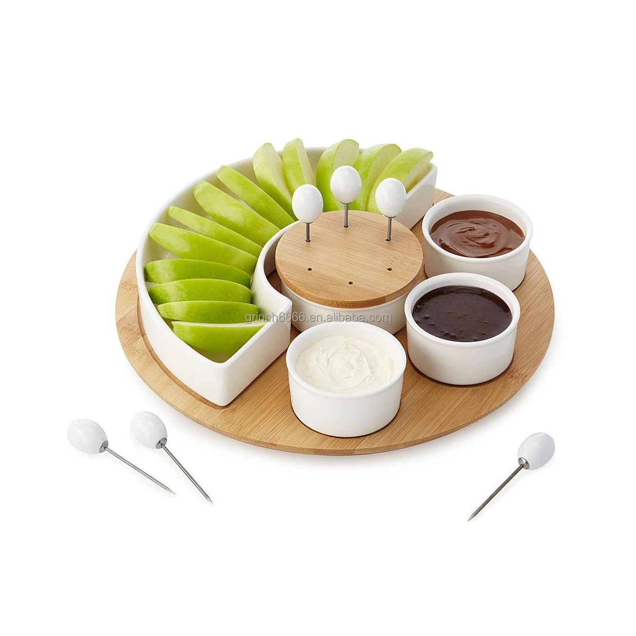 Appetizer Serving Tray Set Bamboo and White Ceramic Chip And Dip Tray Appetizer Serving Platters