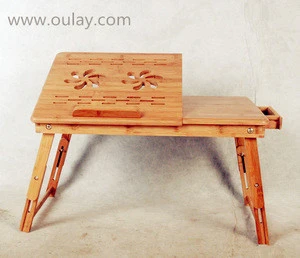 Bamboo folding laptop table/bed desk with adjustable feet and a drawer