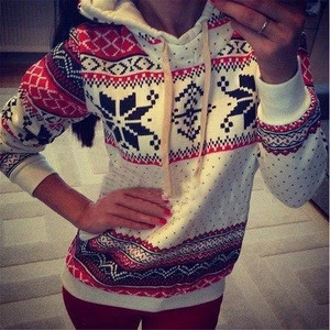 Best Supplier Women Printed Snowflake Pattern Winter Warm Hood Girl Sweater