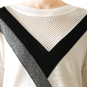 Black And White Womens Pullover And Sweaters With Intarsia And Pointelle Crew Neck Pullover