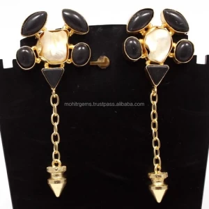 Blister Pearl With Small Black Onyx Stone Chain Bullet Vintage Jewelry Earring