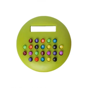 Burger shaped colorful button in a green or red case for children using a small handy calculator