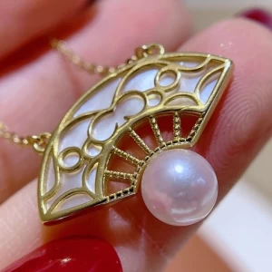 Chinese Fan Design Charm Shell Pendant Chain 6-7mm Seawater Akoya Pearl Pendant Necklace Birthday Gifts