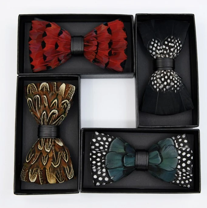 Colorful Wedding Feather Bow Tie Natural Material Handmade Bow ties with Gift box wholesale