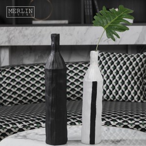Contemporary Scandinavian Black White Vase Ceramic Long Neck Simple Pillar Tall Vase Ribbed Textured Wrinkly Fluted Flower Vase