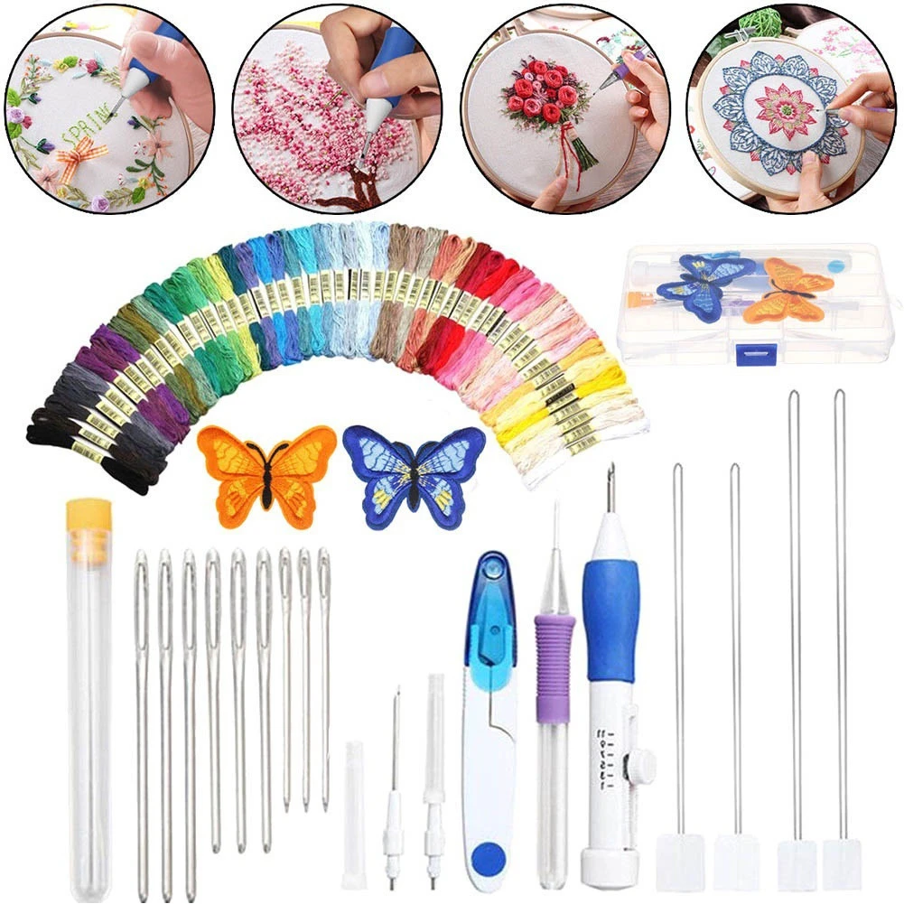 Cross Stitch Floss Embroidery Kit Colorful Threads Magic Embroidery Hoop Stitching Punch Needle Pen Set DIY Sewing Kit