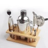customized stainless steel bar tools 9 pcs bartender cocktail shaker set kit with wooden support for party bar home gift