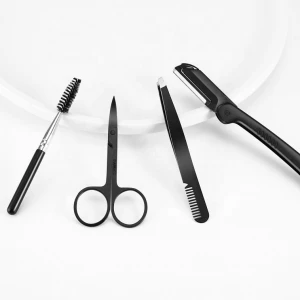 Eco-friendly Black 4pcs Eyebrow Beauty Makeup Tools Set Eyebrow Knife Razor scissors clip Eyelash Scraping tweezers with comb