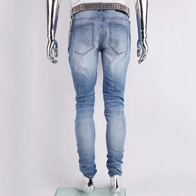 Edge denim custom back patch distressed blue denim ripped skinny jeans men