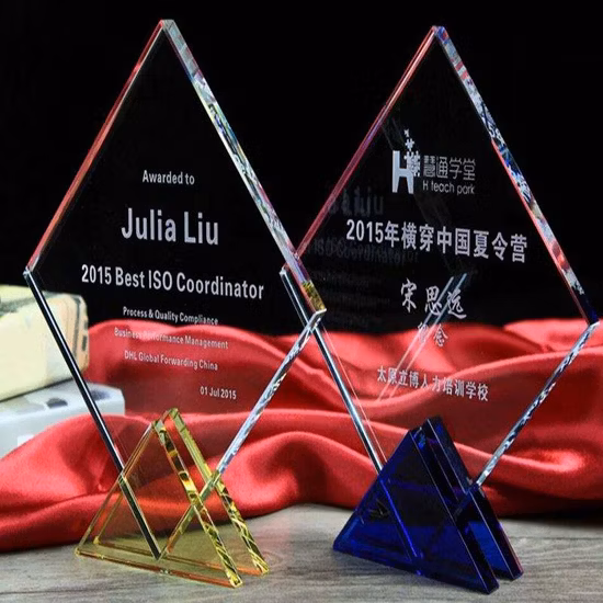Elegant Crystal Glass Trophy Award with Custom Engraving and Blue Base