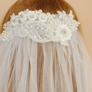 Fancy White Long Wedding Veil With Beaded Pearl Flower Bridal Veil for Women