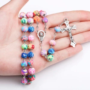 Fashion Colorful Round Rosary Polymer Clay Bead Catholic Pendant Cross Necklace