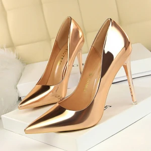 Funky trendy wholesale big size 34-43 metallic color fashionable pointed-toe stiletto high heels shoes womenpumps