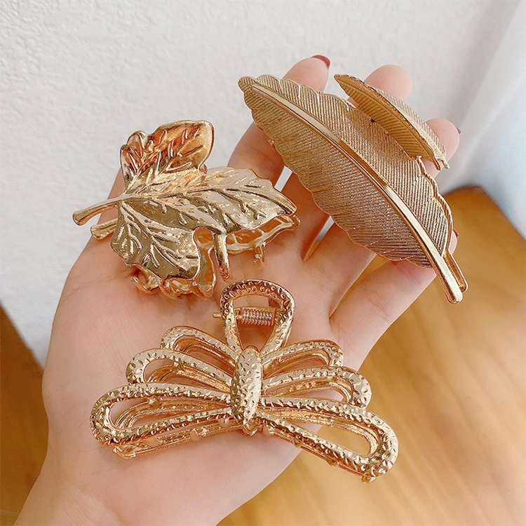 Gold decorative tortoise leaf butterfly women large metal clutcher hair claw clip