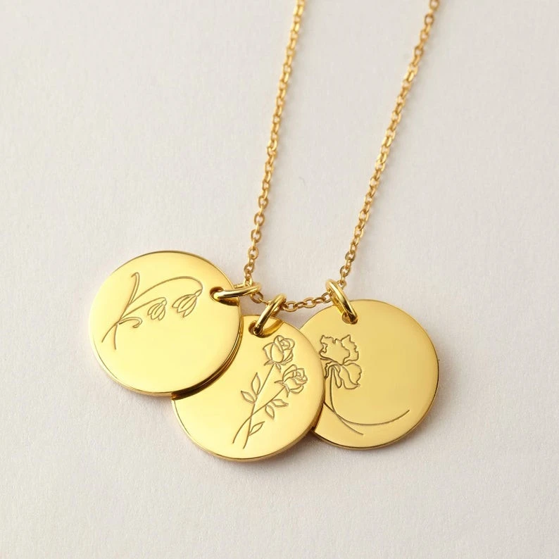 Gold Jewelry 14k Stainless Steel Coin Pendant Necklace Engraved Birth Flower Wildflower Necklace For Women Mother&#x27;s Day Gift