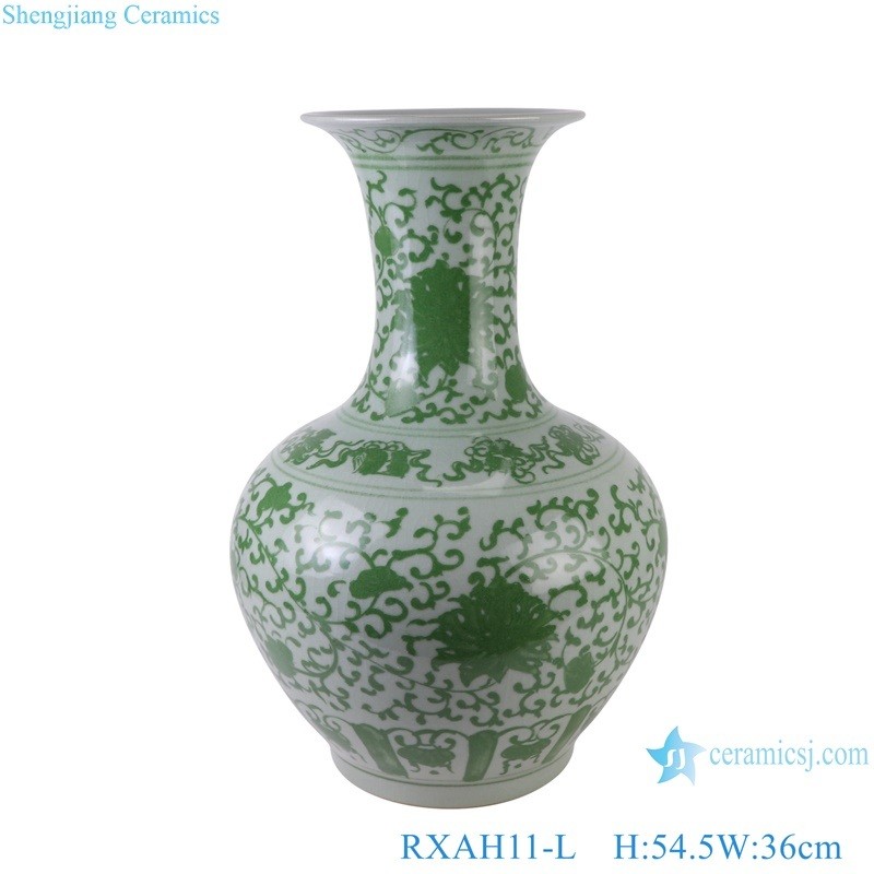 Green Color Glazed Full Twisted Flower Pattern Ceramic Appreciated Bottle Porcelain Vase for Home Decor