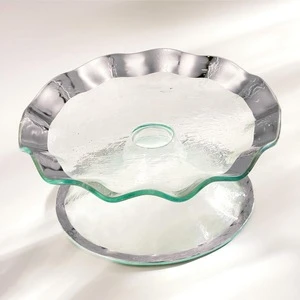 hand crafted glass dinnerware crystal clear Ruffle Petit Four Stand Pedestal Cake Plate