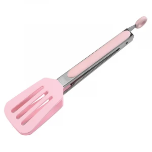 High Heat Resistant 9 inch Silicone Stainless Steel Spatula Tip Serving Tongs with Locking Handle