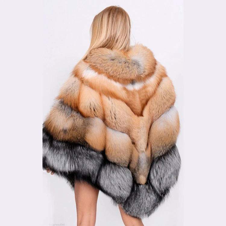 High Quality Jtfur Female Luxury Red Fox Fur Cape Fluffy Thick Winter Fox Fur Coat