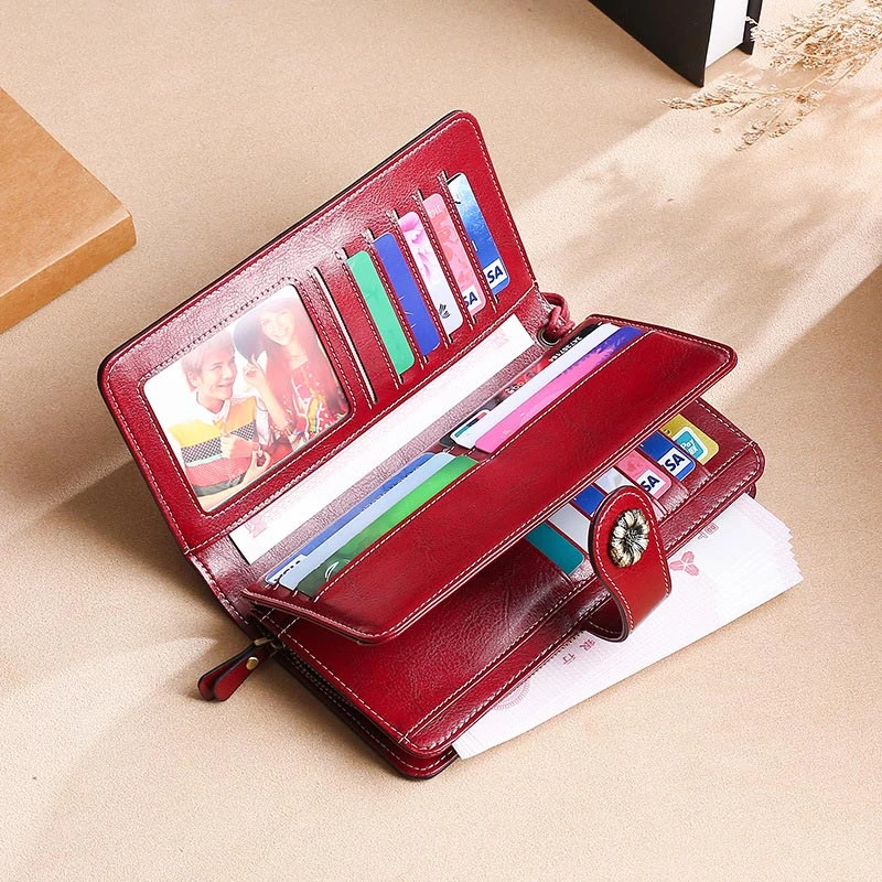 High Quality Multifunction Rfid Ladies Purse Long Style Oil Wax Genuine Cowhide Leather Wallet