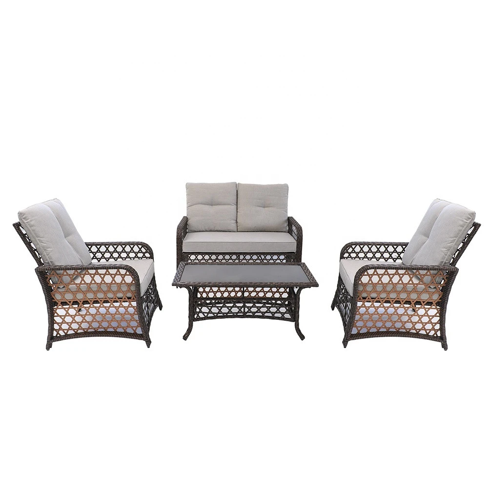Hotel Balcony Outdoor Seating Furniture Classic Outdoor Furniture Metal PE Rattan Material Patio Set with Deep Seat Cushion