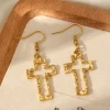 INS Style 18K Gold Plated Hollow Cross Pendant Earrings Minimalist Stainless Steel Cross Charm Drop Earrings For Women